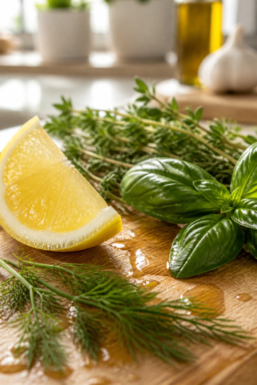 Close-up of lemon wedge and fresh herbs ready to flavor lunchbox dishes.