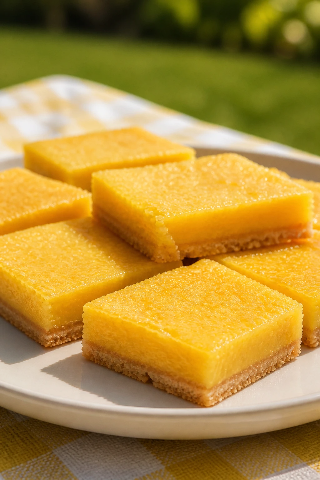 Close-up of Lemon Icebox Bars cut into neat squares on a plate outdoors