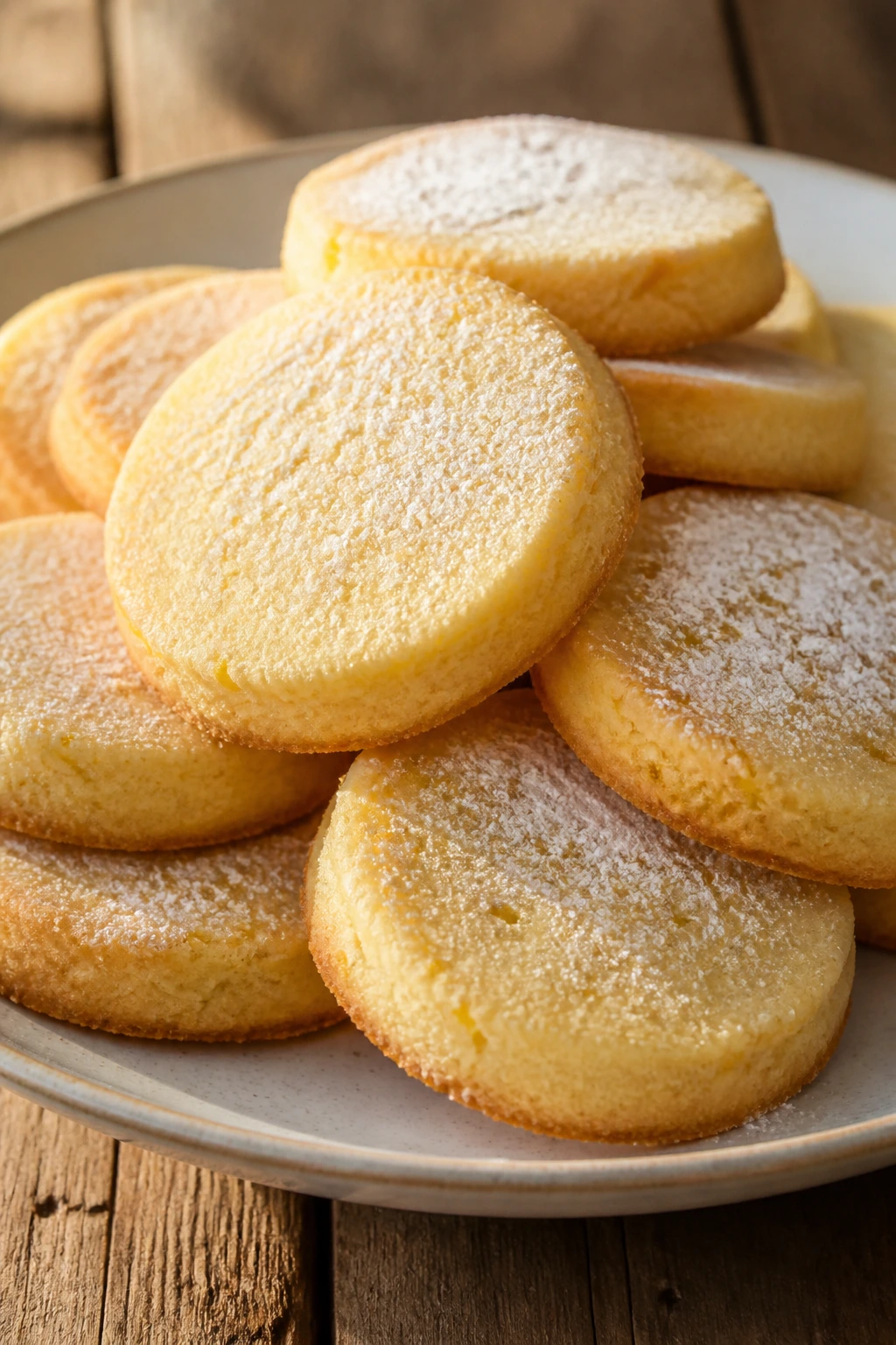 Close-up of lemon icebox cookies stacked on a plate