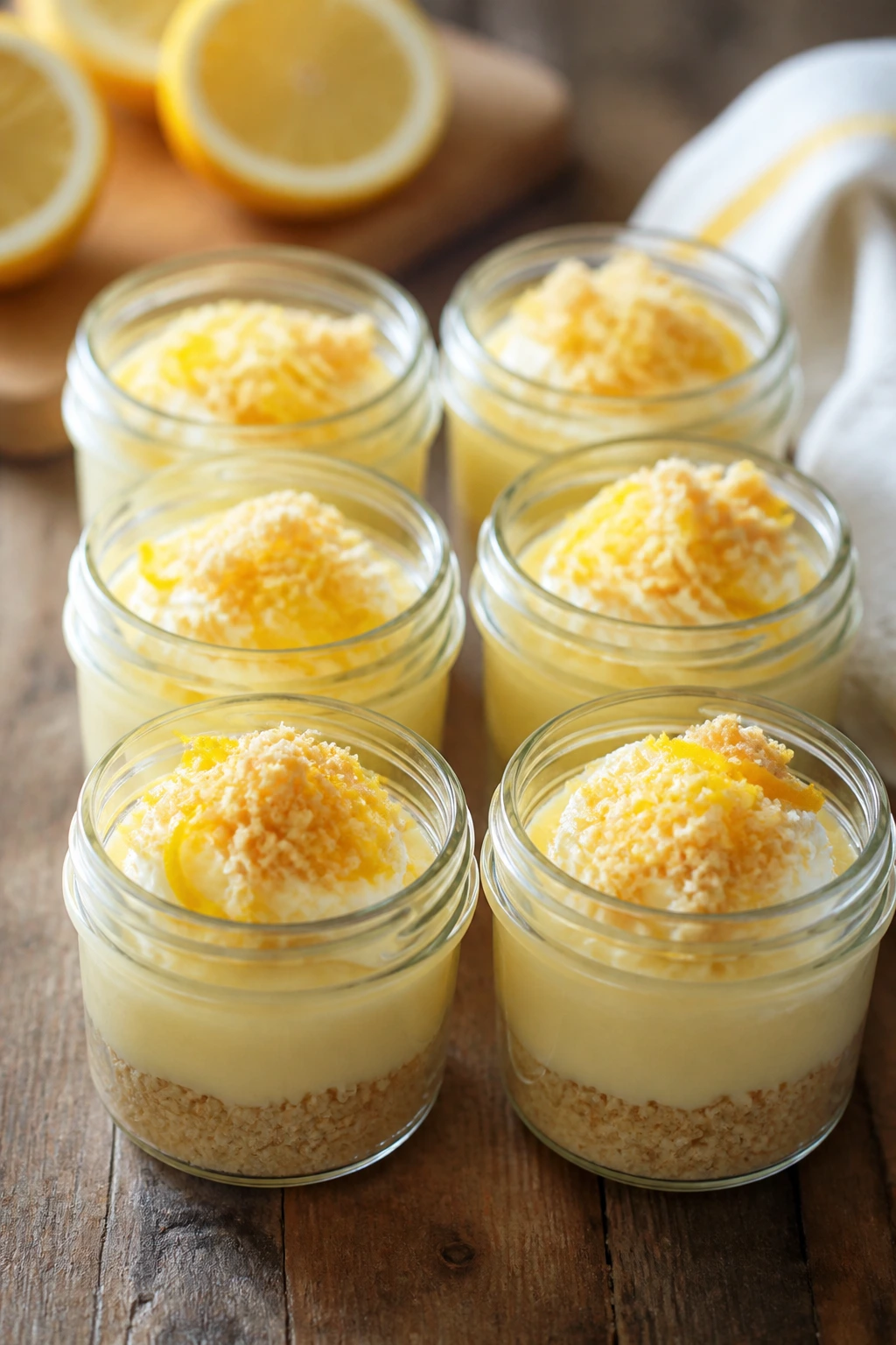 Six lemon cream pie cups in jars on a rustic counter