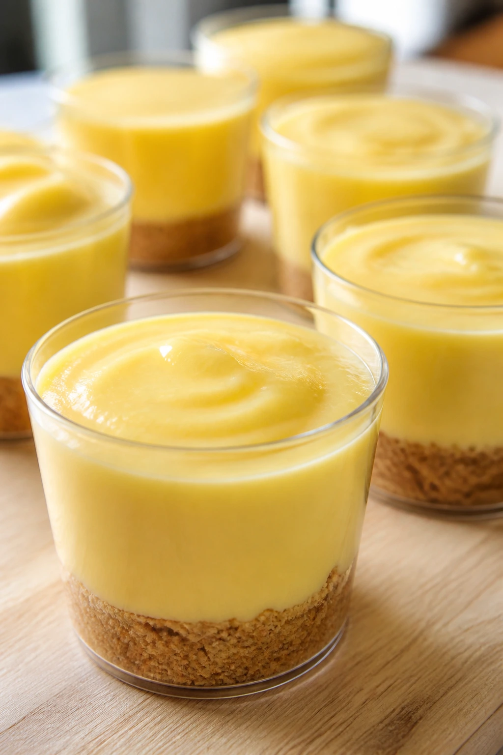 Close-up of lemon icebox pie cups with pale yellow filling in clear cups