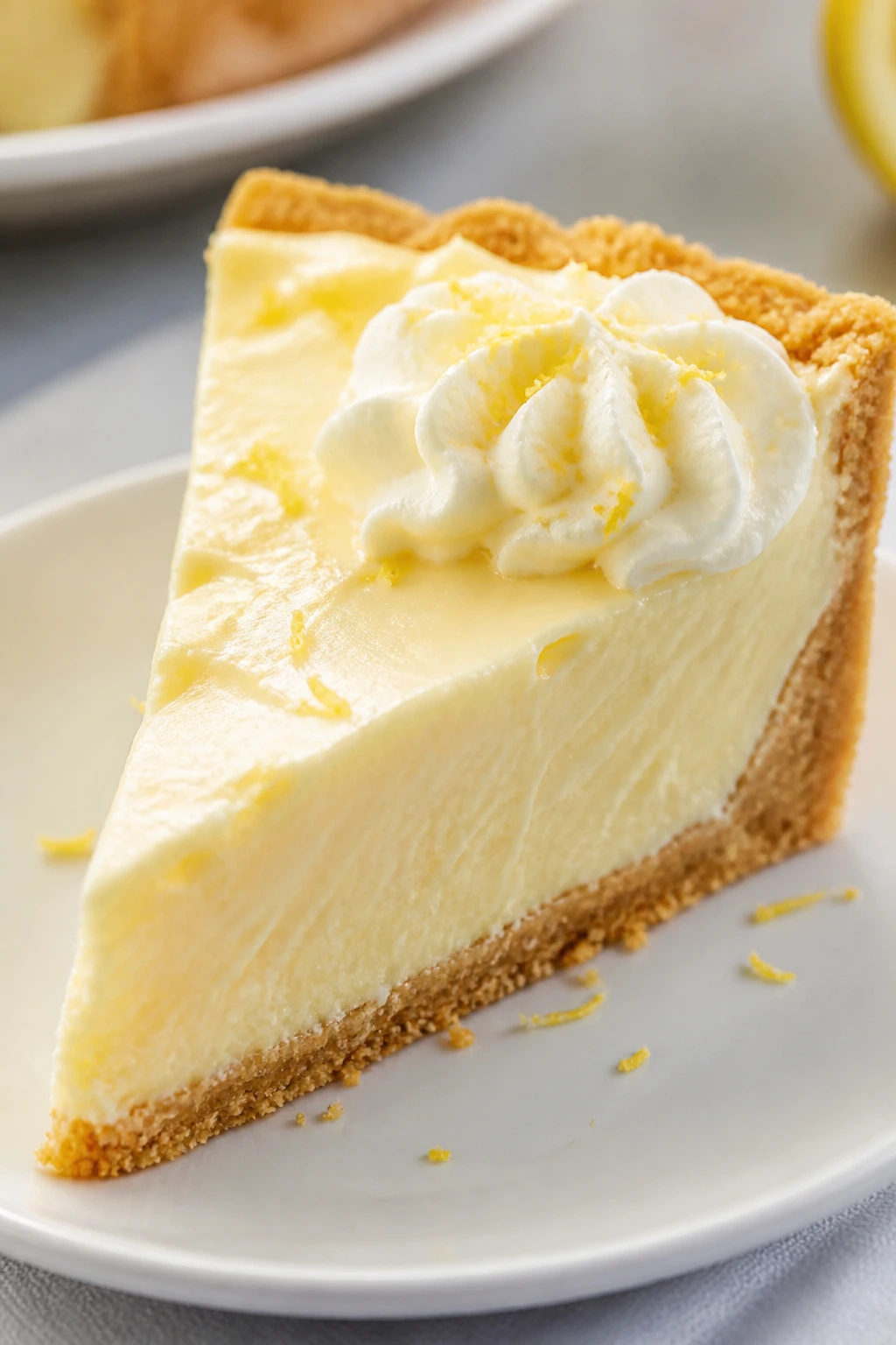 Close-up of lemon icebox pie slice on plate