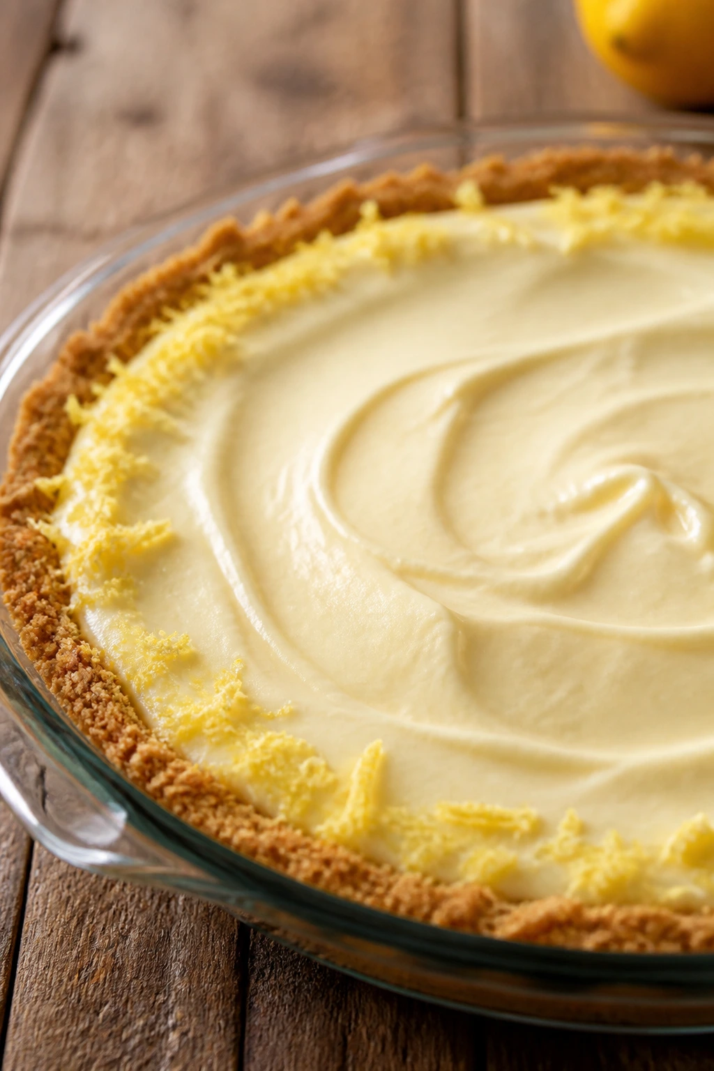 Close-up of lemon icebox pie in a glass dish on a wooden counter