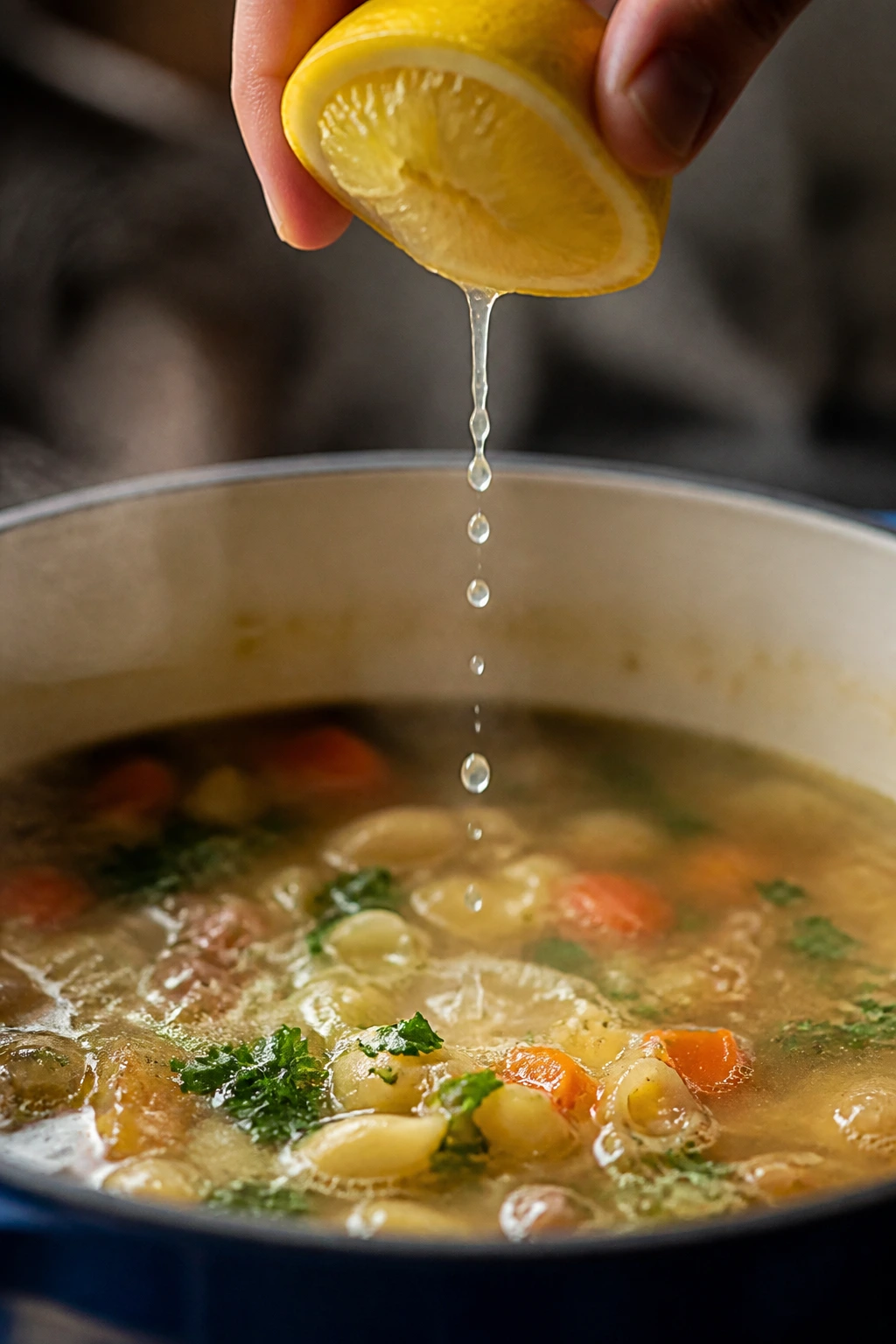 Lemon juice being poured into a simmering pot of soup
