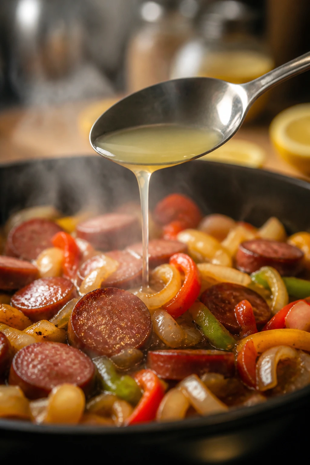 Lemon juice being poured into a sausage skillet with steam