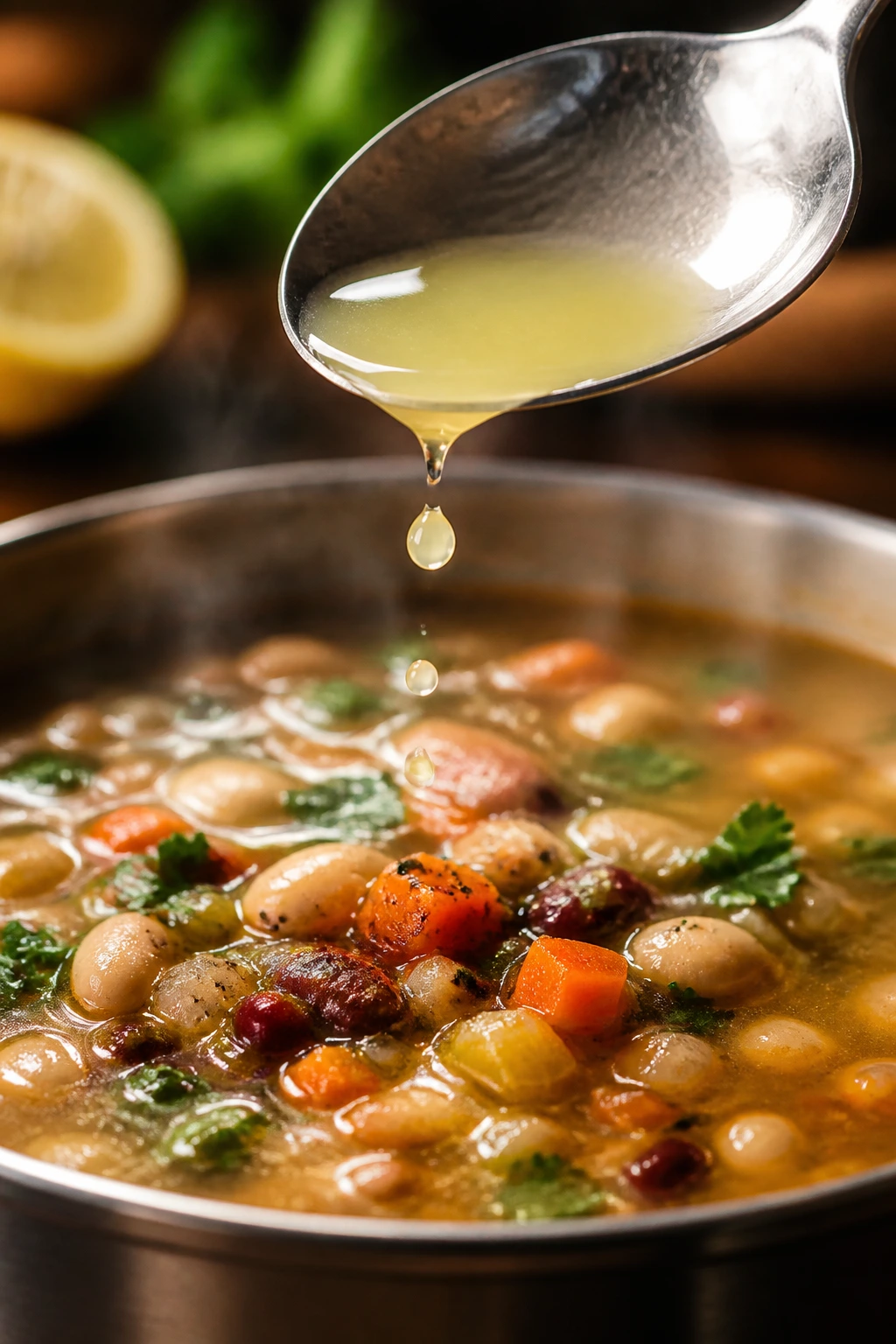 Spoon over a steaming bowl of bean soup with lemon juice about to be added