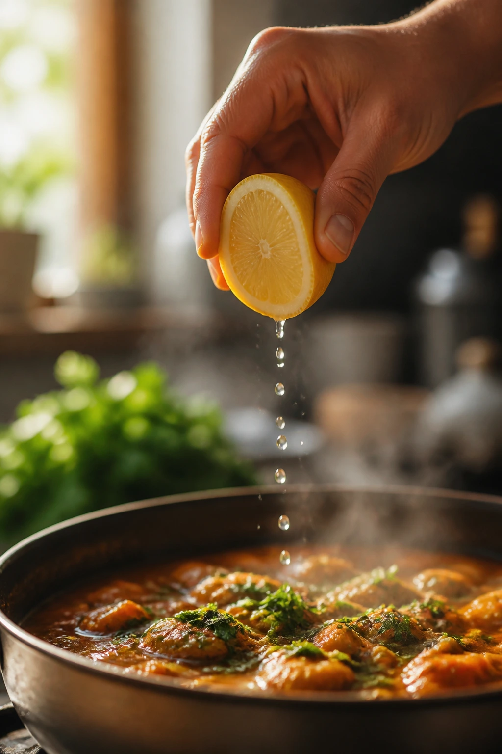 Hand squeezing lemon over a simmering dish for flavor boost
