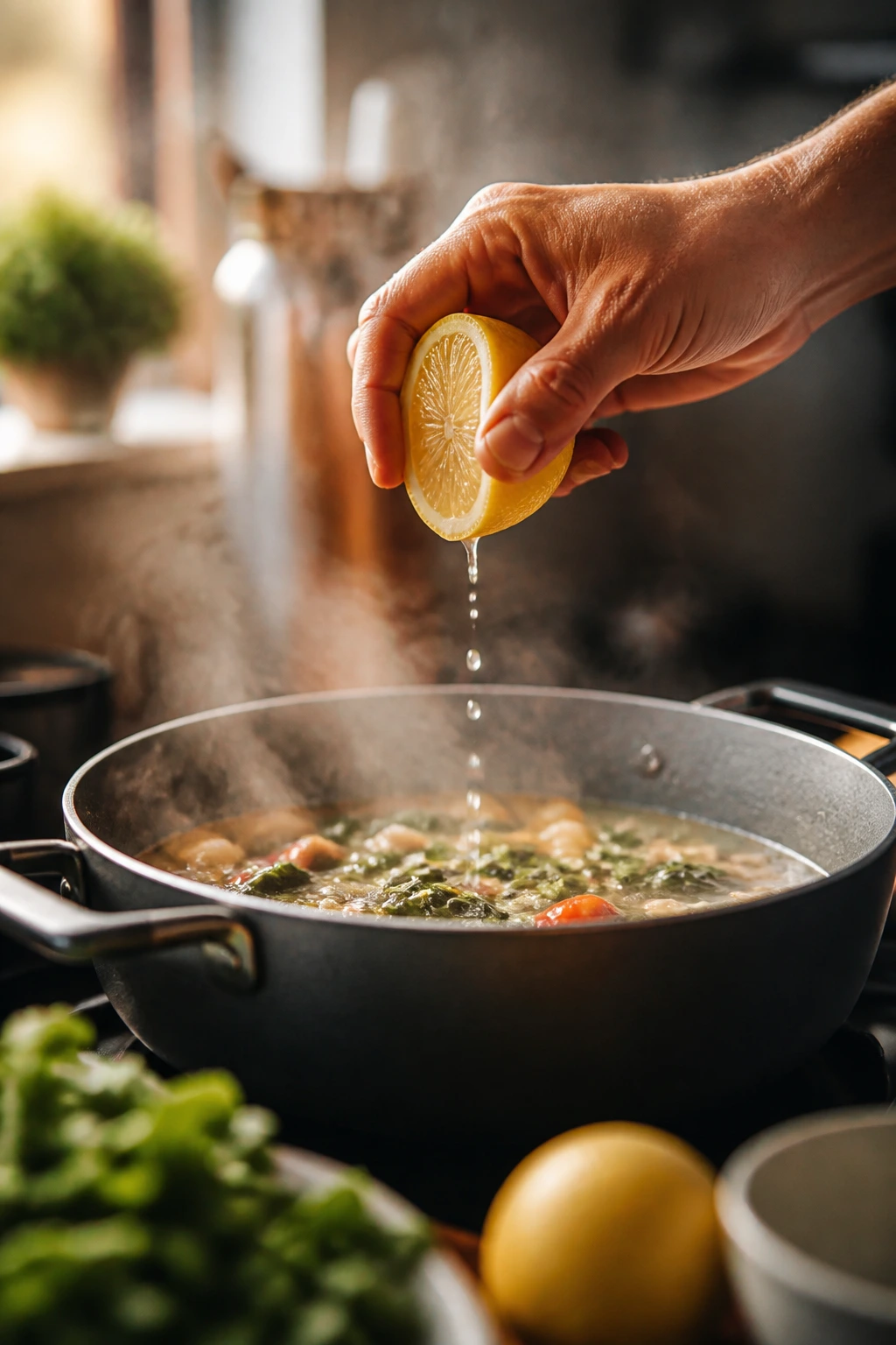 Hand squeezing lemon over simmering pot in bright kitchen