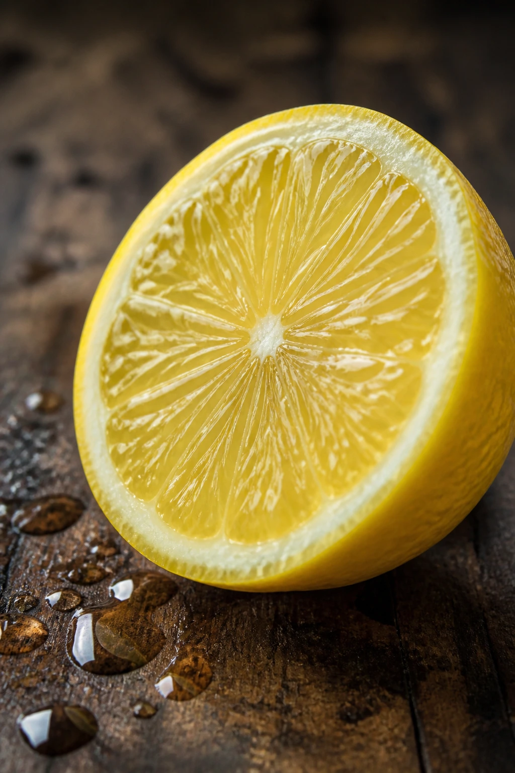 Lemon half with juice droplets on dark wood