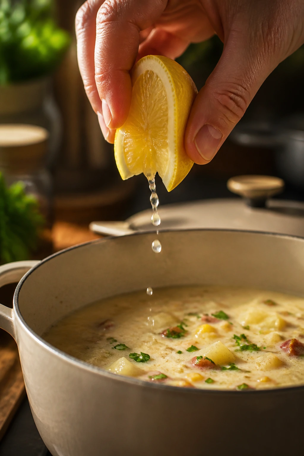 Lemon wedge being squeezed over a pot to boost flavor