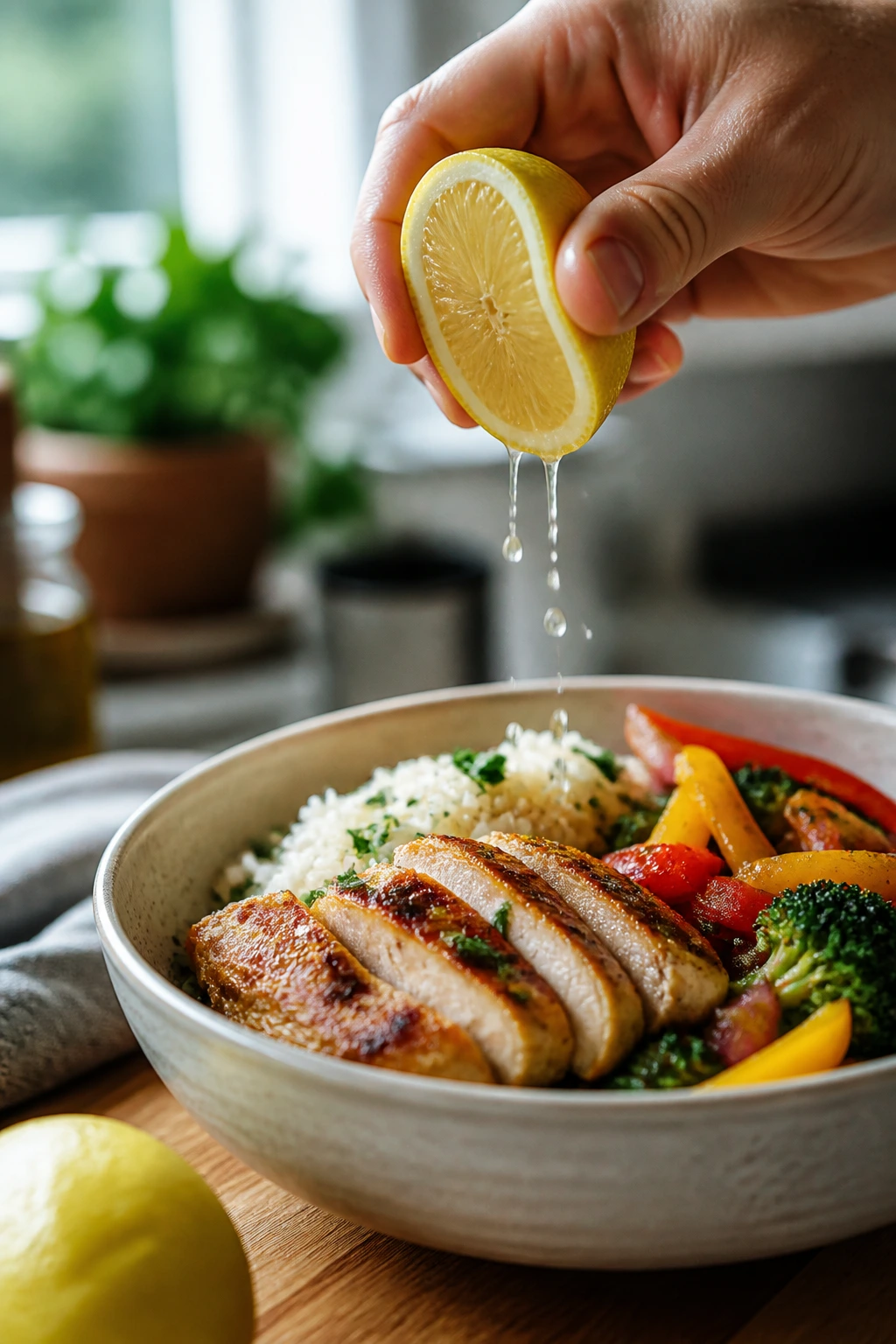 Hand squeezing lemon over chicken bowl for flavor boost.