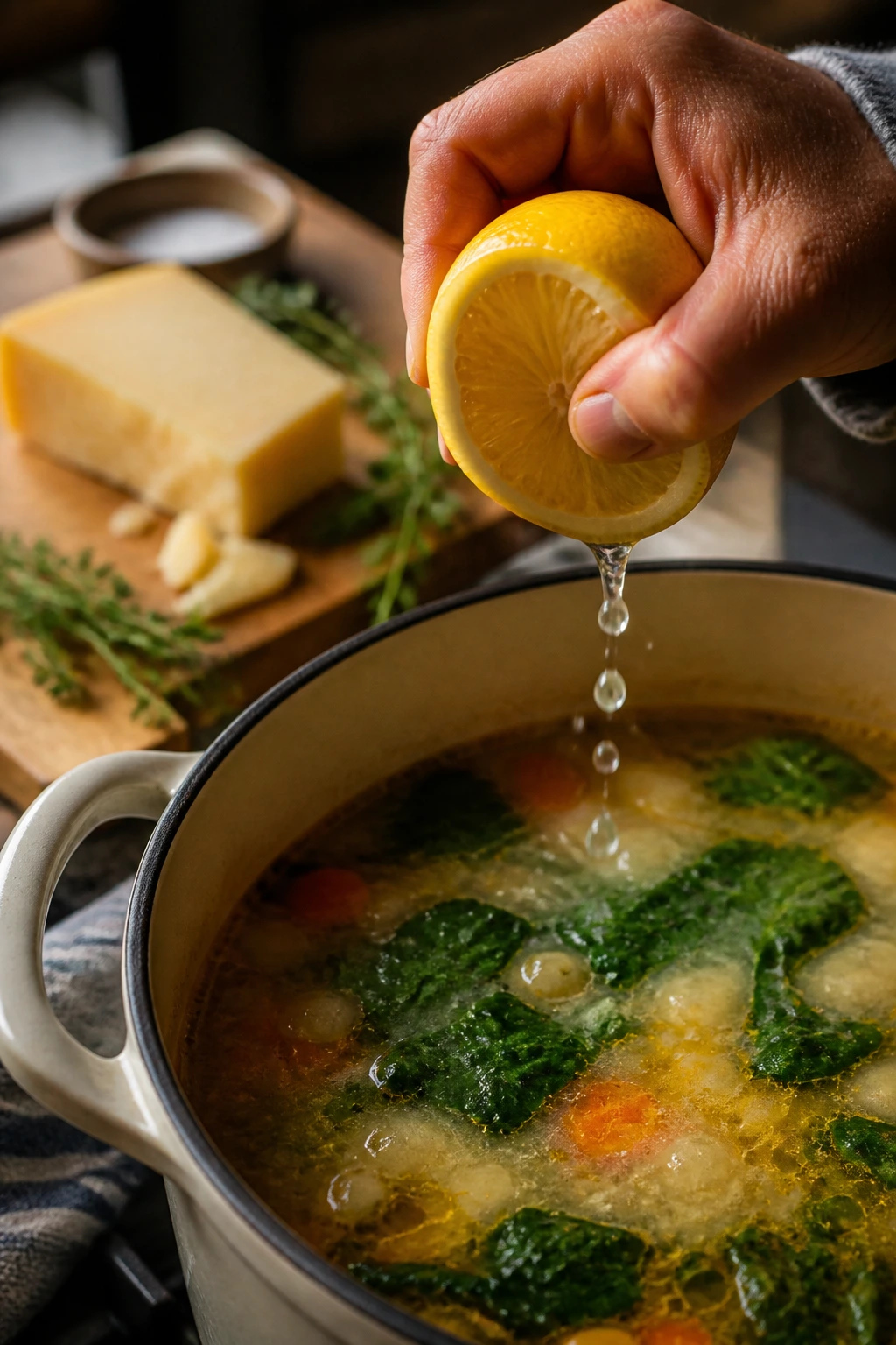Hand squeezing lemon over simmering soup with parmesan and herbs in soft focus