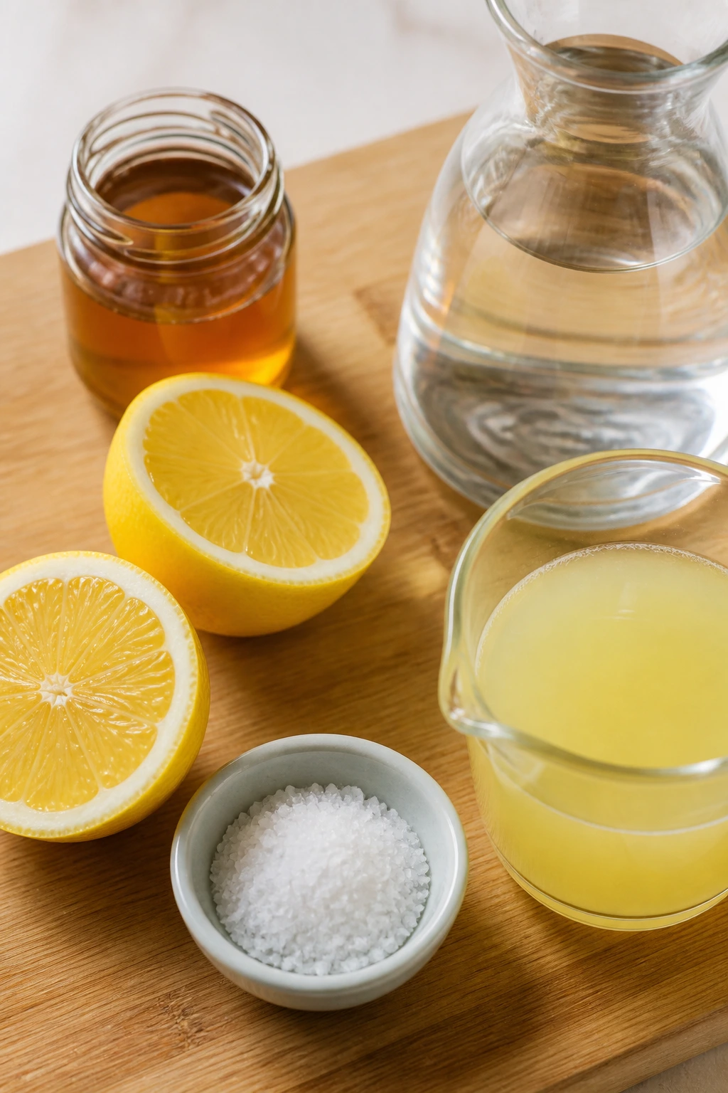 Top-down view of clean lemonade ingredients including honey and lemons