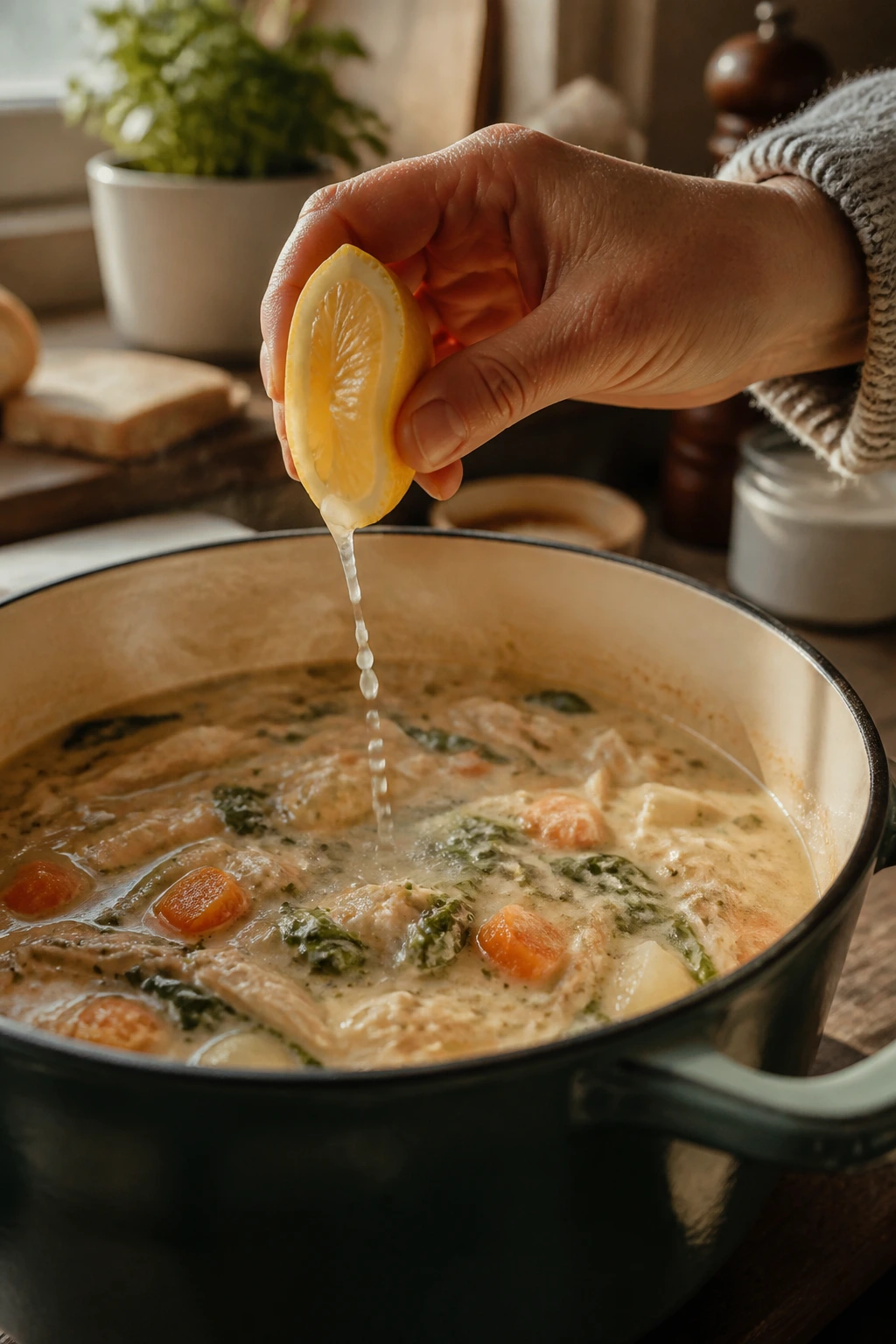 Lemon juice being squeezed into a pot over soup