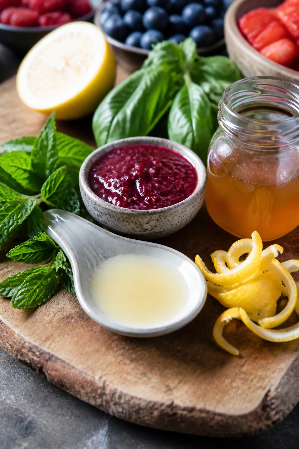 Close-up of lemon juice, berry purée, and citrus zest as flavor boosters.
