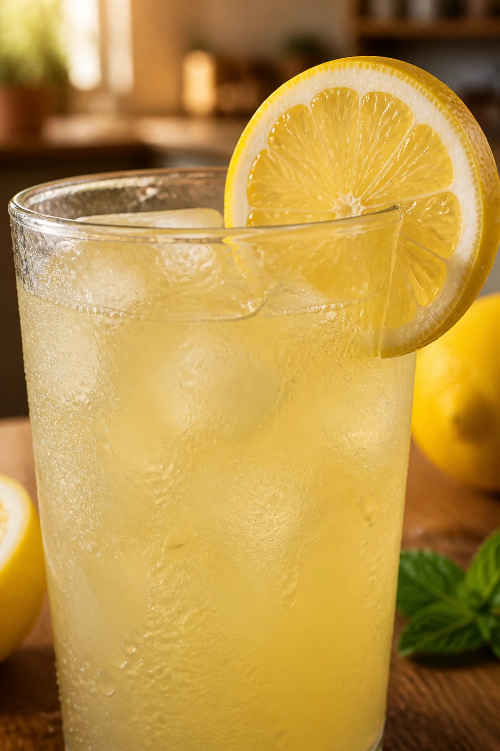 Lemonade glass with lemon garnish in a warm kitchen