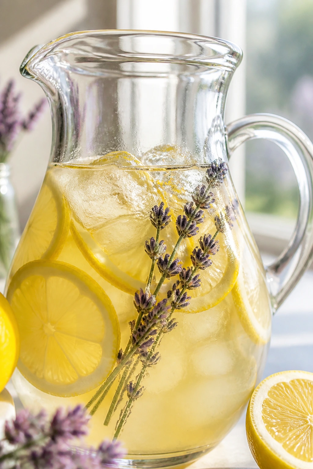 Close-up of Lemon Lavender Gin Punch with lemon slices and lavender sprig in a pitcher
