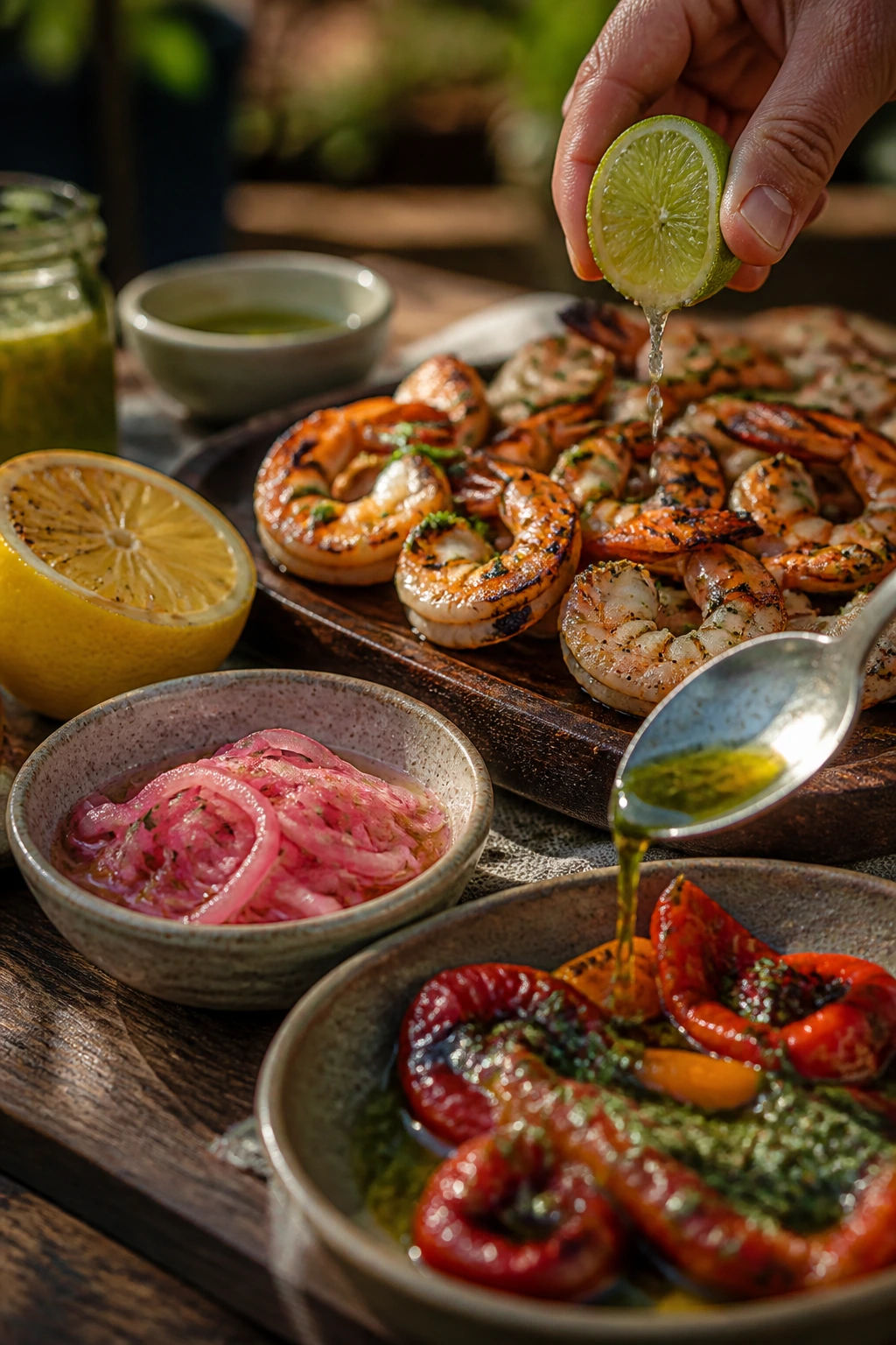 Smoky appetizers with lemon, pickled onions, lime, and herb oil.