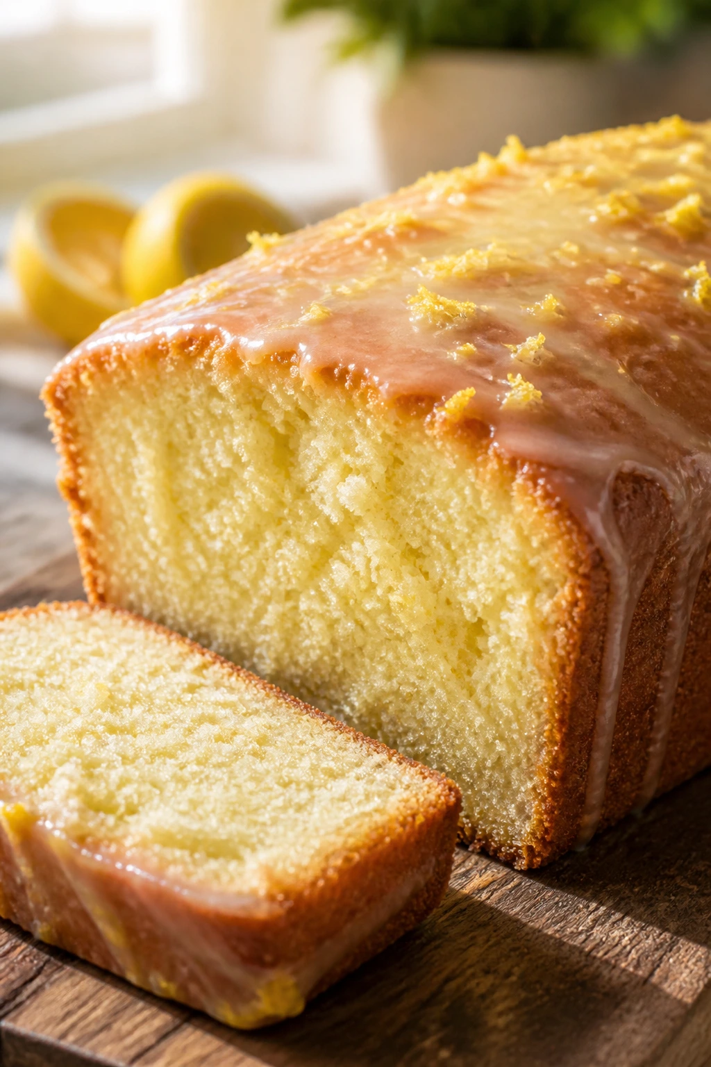 Close-up of lemon drizzle loaf slice with glaze on a wooden board in a sunlit kitchen