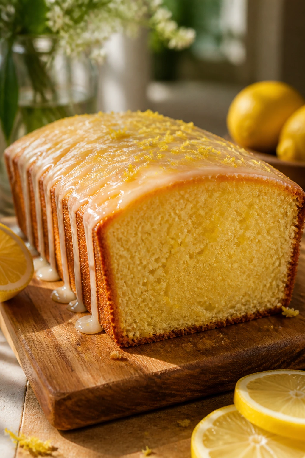 Close-up of olive oil lemon loaf with glaze in a sunlit kitchen