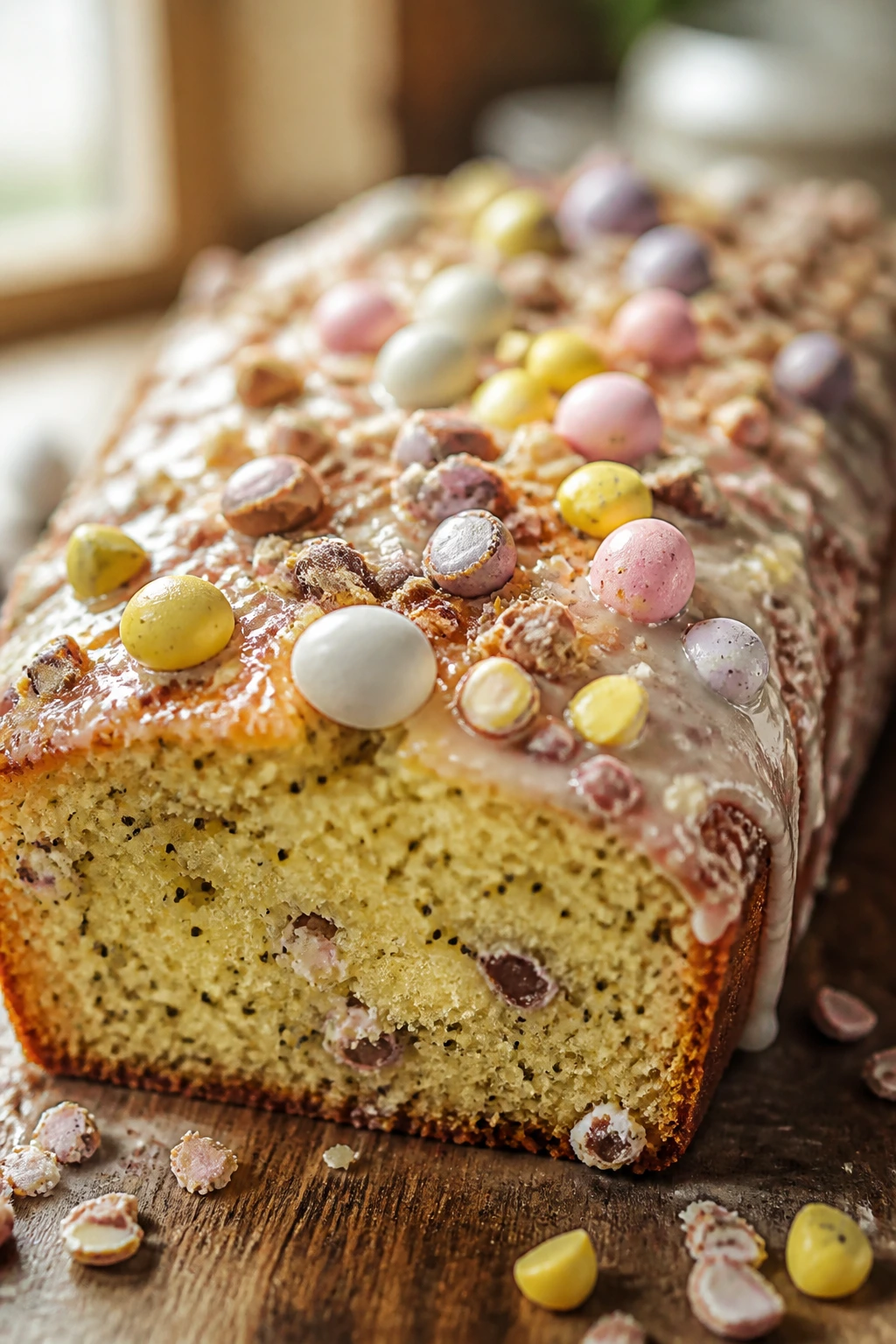 Close-up of Lemon Poppy Seed Loaf Cake with Mini Eggs on a wooden counter in a sunlit kitchen