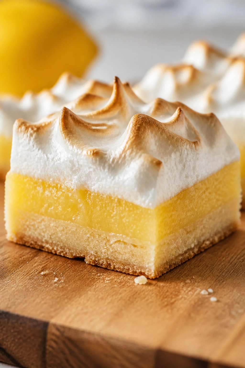 Lemon meringue bar square with crust and meringue top