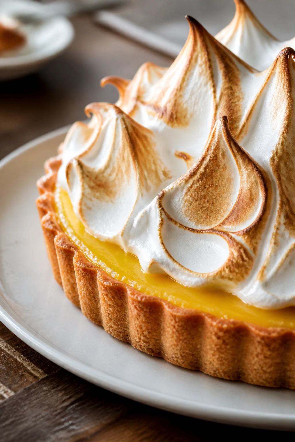 Lemon tart close-up showing crisp shell, glossy curd, and toasted meringue.