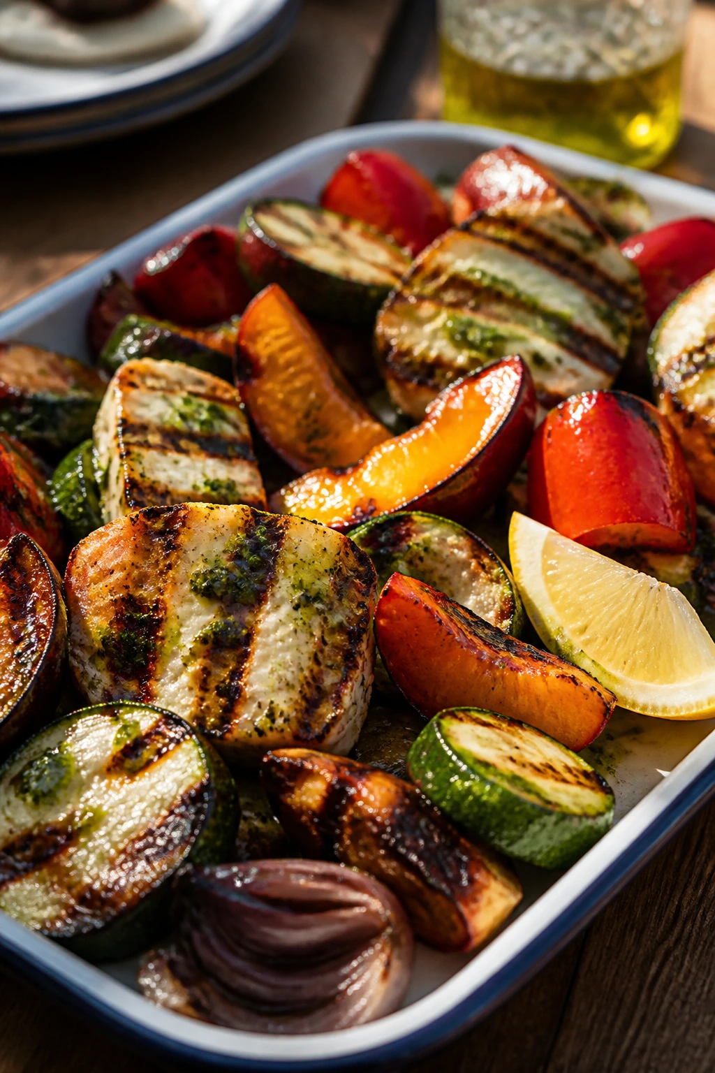 Tray with finishing touches like lemon and herb oil on grilled bites