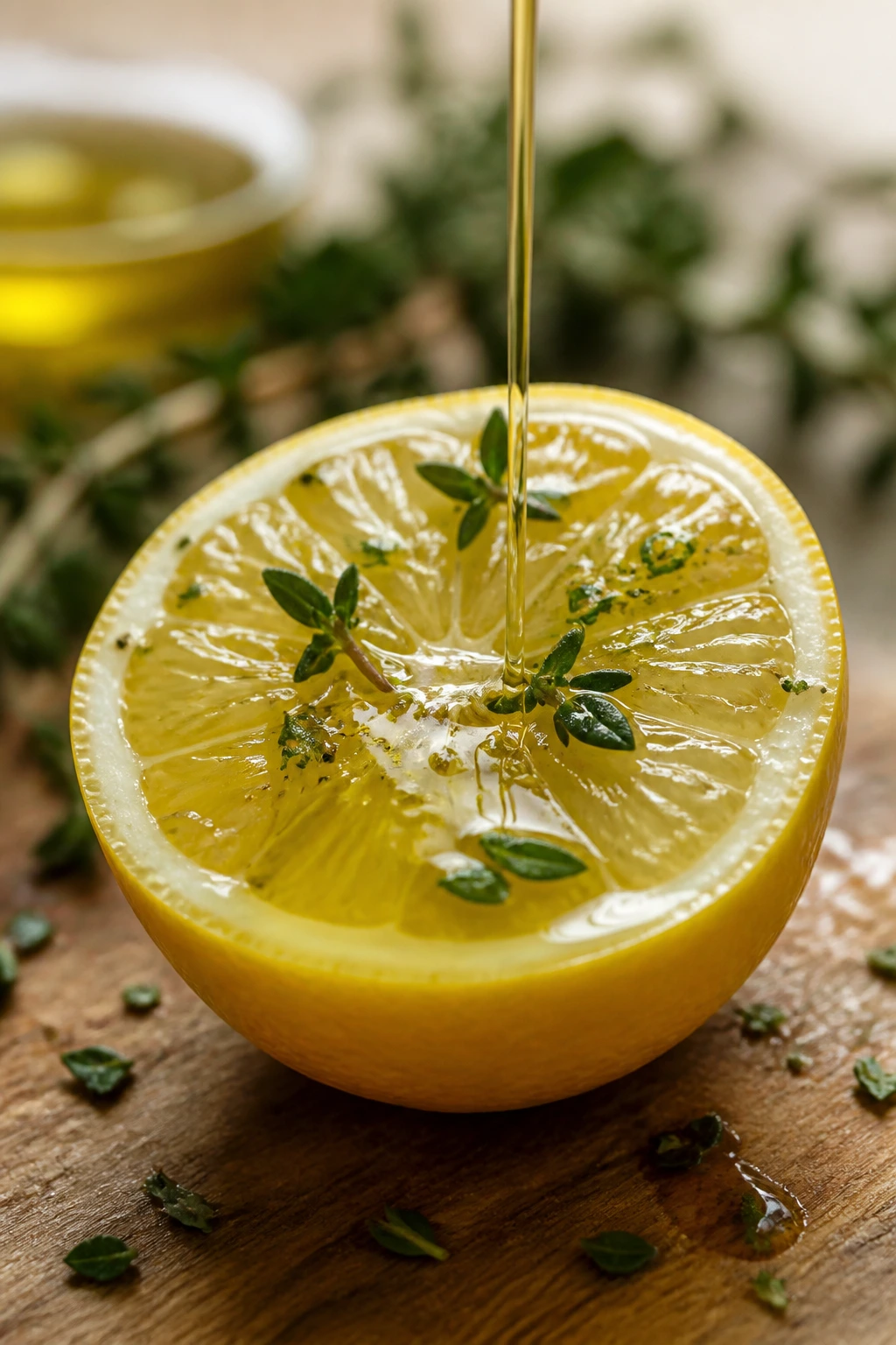 Lemon half with olive oil and herbs for flavor boost.