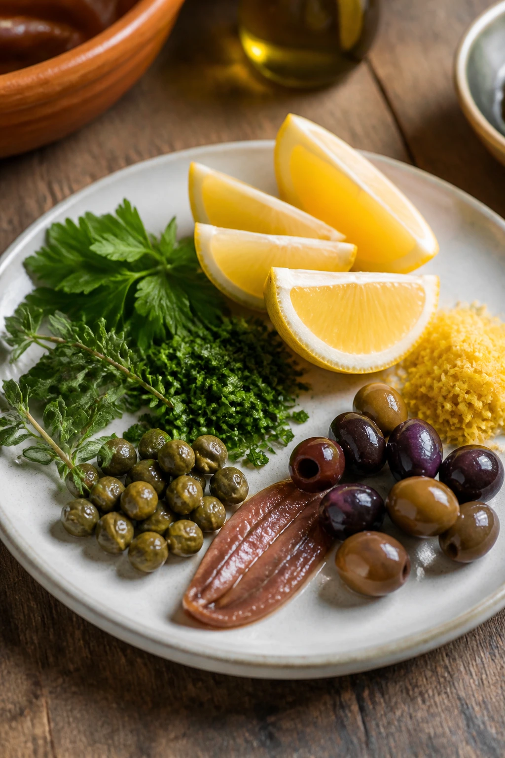Bright plate with lemon, herbs, capers, olives, and anchovy on a rustic table