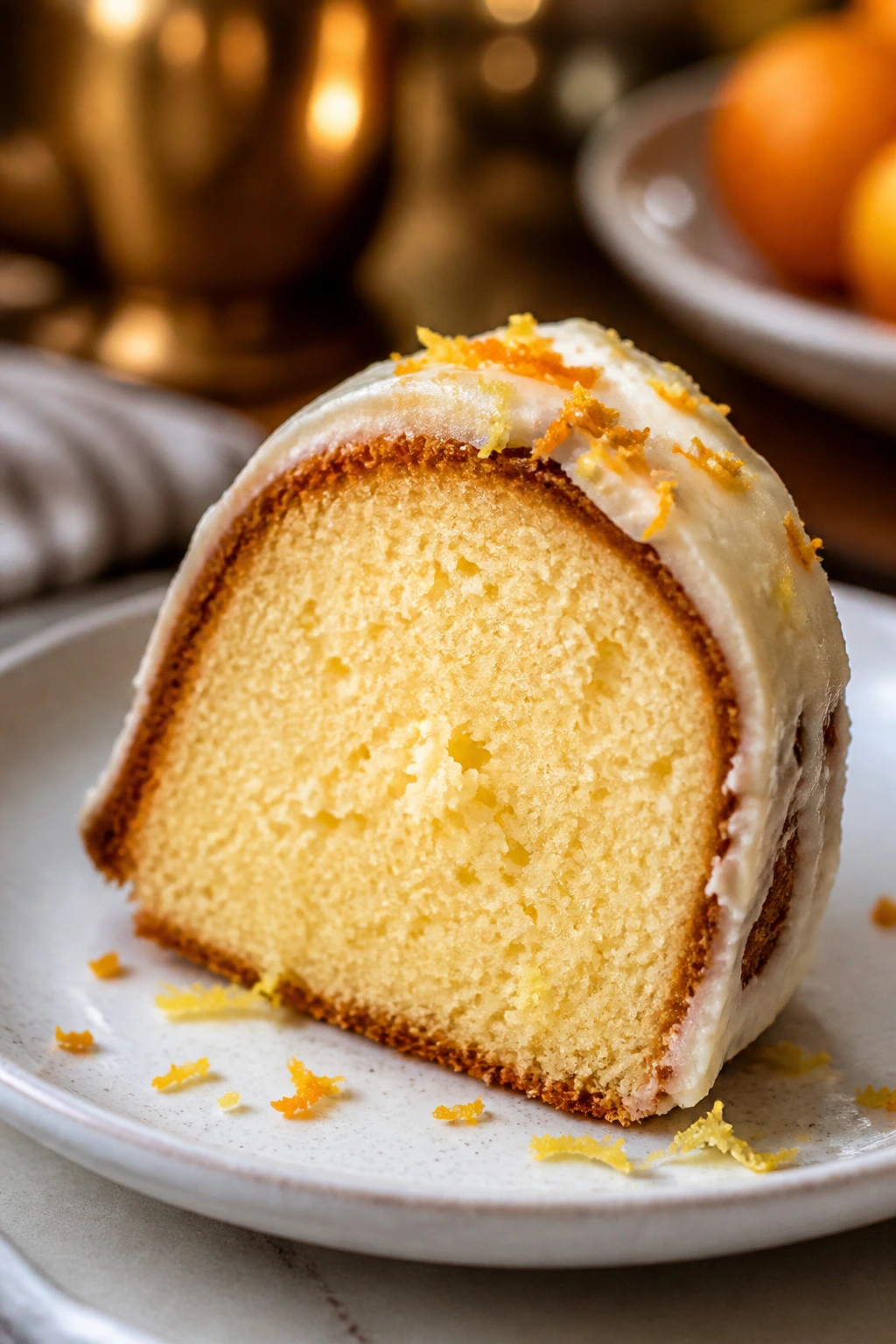 Pound cake slice with citrus zest garnish