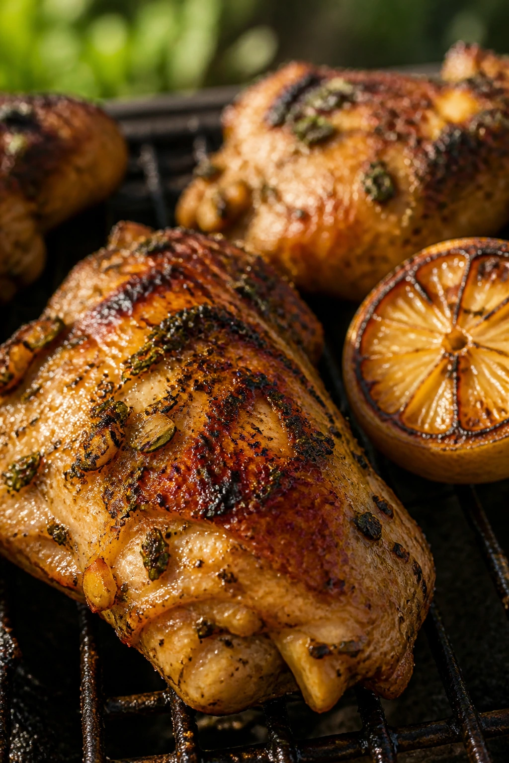 Close-up of lemon-oregano chicken thigh with charred lemon on a rustic surface outdoors.