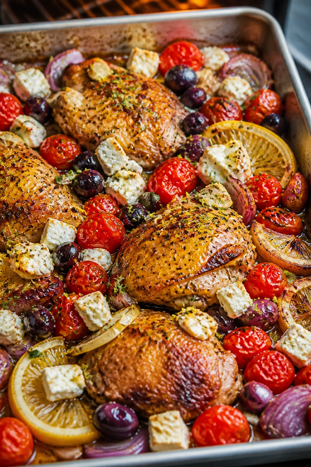 Mediterranean lemon-oregano roast with tomatoes olives and feta