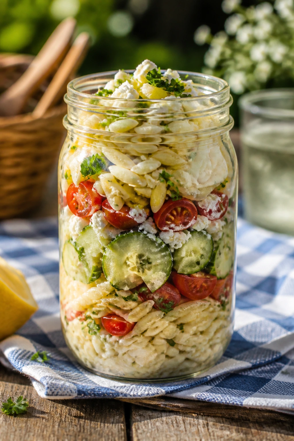 Mason jar filled with lemon orzo salad.