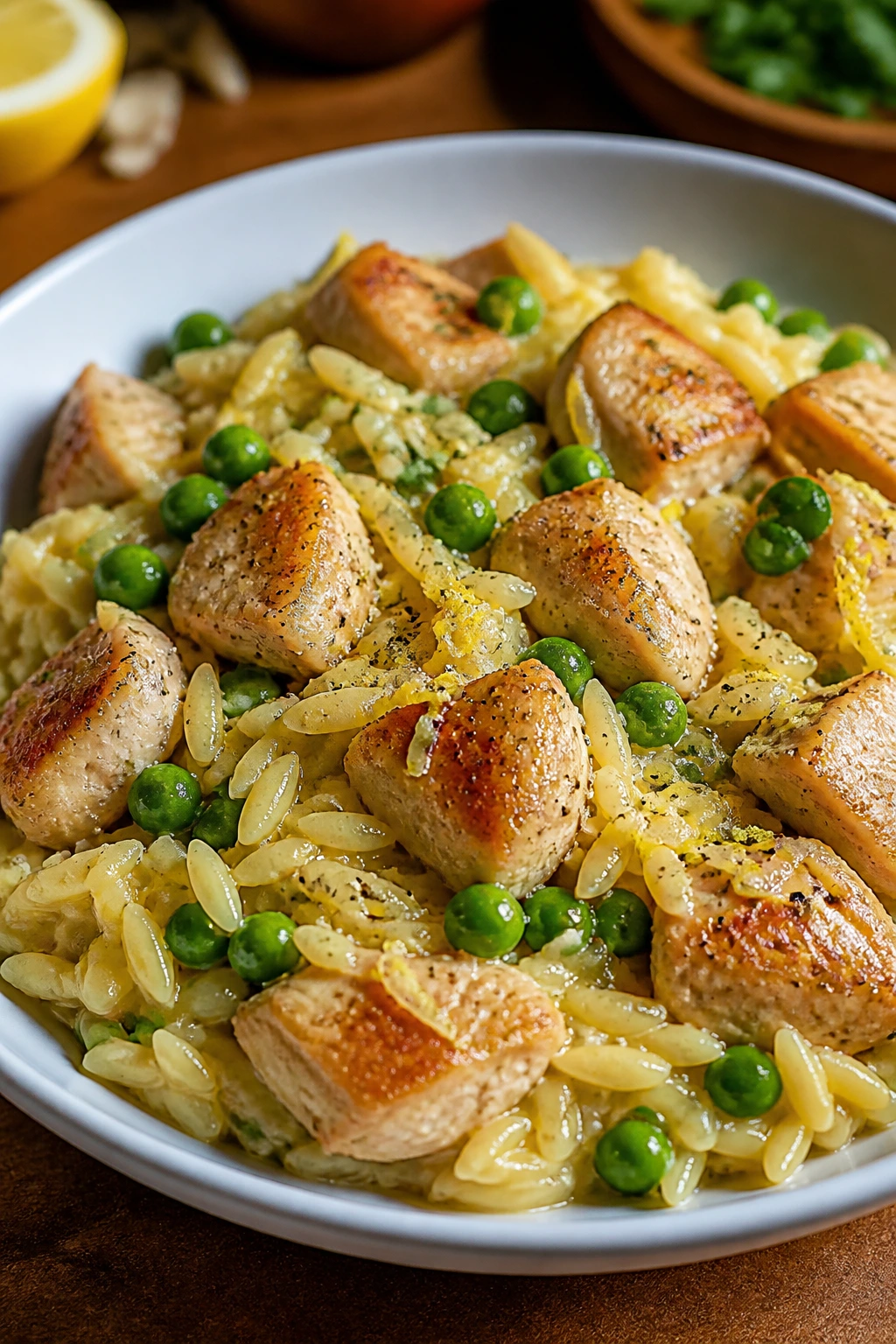 Close-up of creamy lemon orzo with peas and chicken in a white bowl