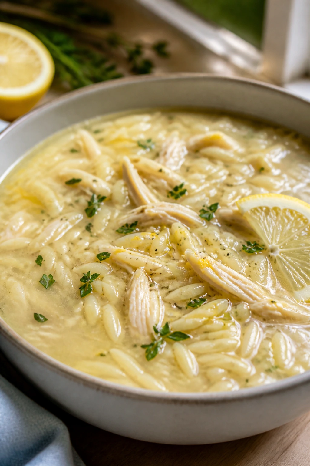 Lemon orzo chicken soup in a comforting kitchen setting