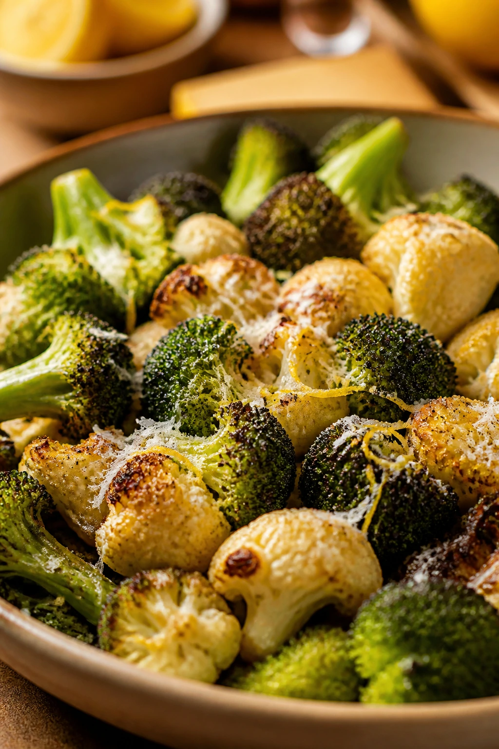Roasted broccoli and cauliflower with Parmesan and lemon zest