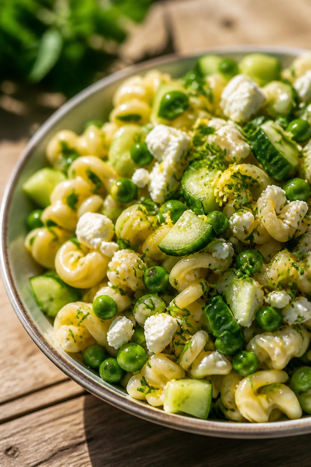 Bright lemon pasta salad with peas and herbs in a rustic bowl