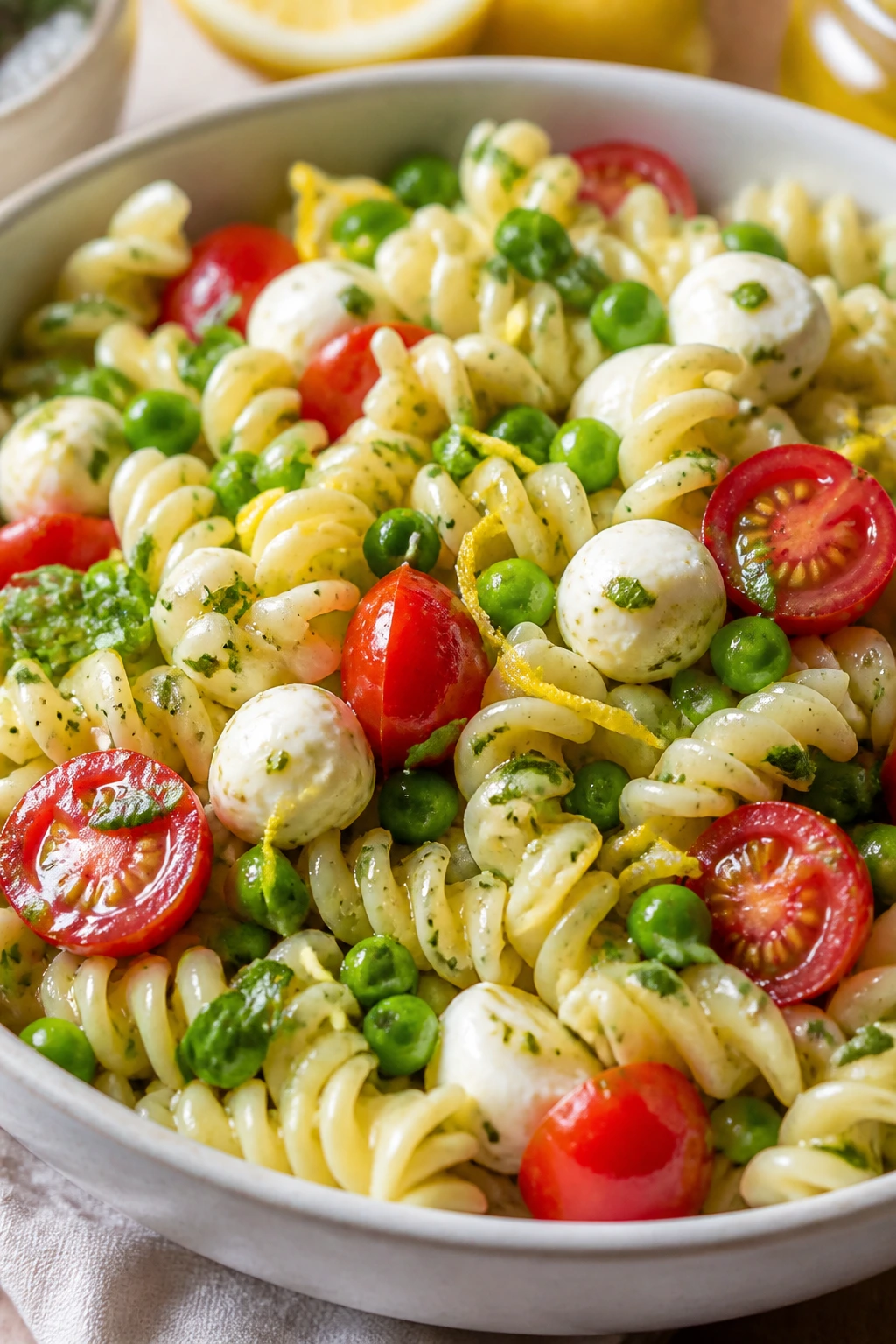 Bright lemon-pea pasta salad with mozzarella and tomatoes in a bowl