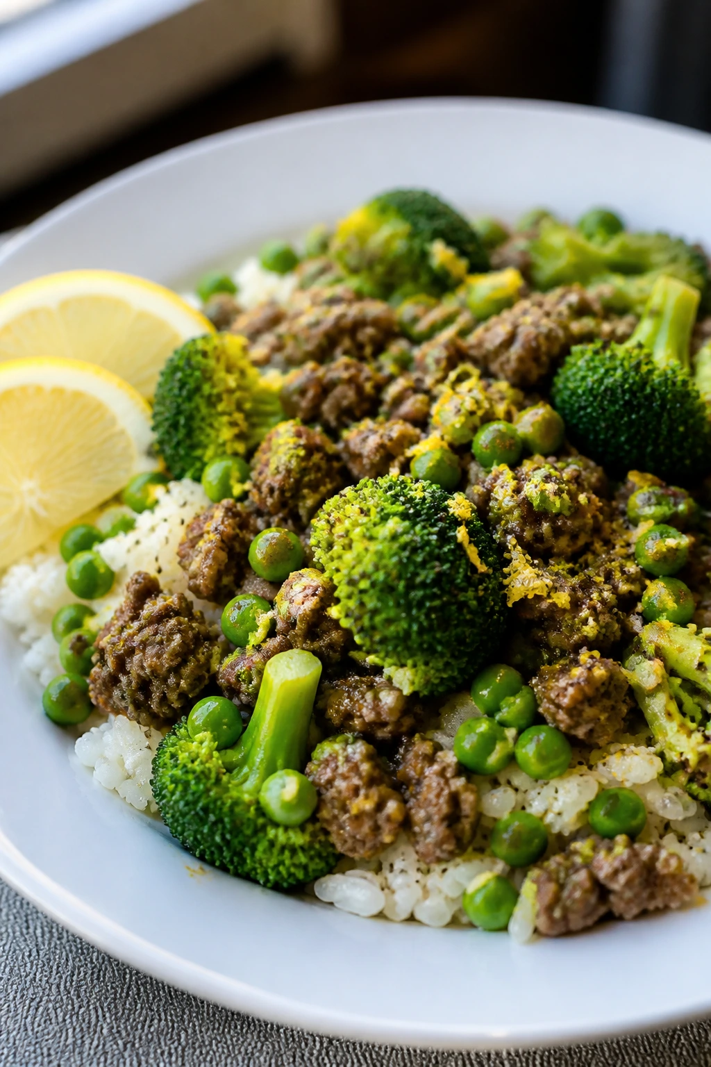 Bright Lemon Pepper Beef Broccoli Rice with Peas on a plate