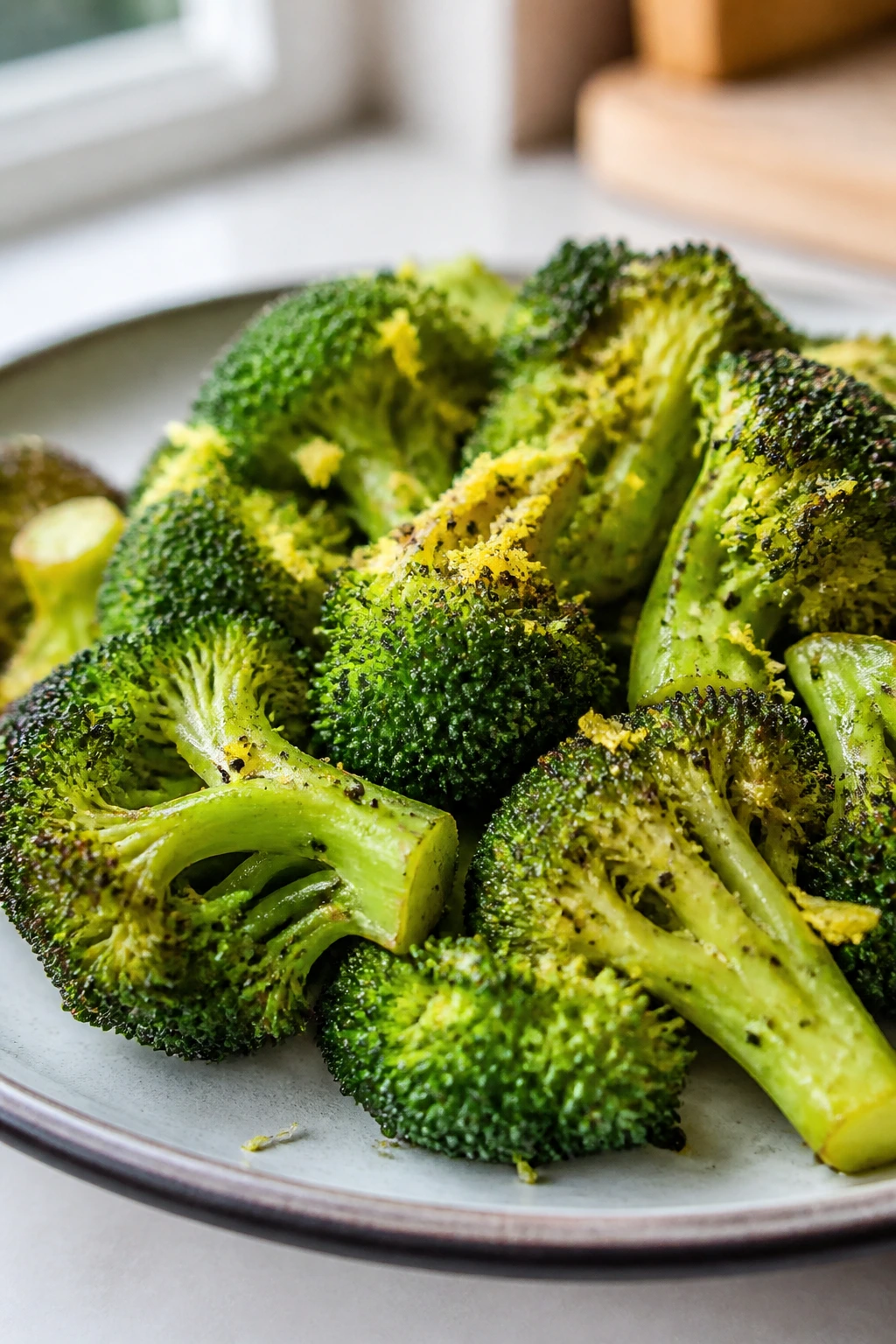 Close-up of lemon pepper broccoli florets on a plate