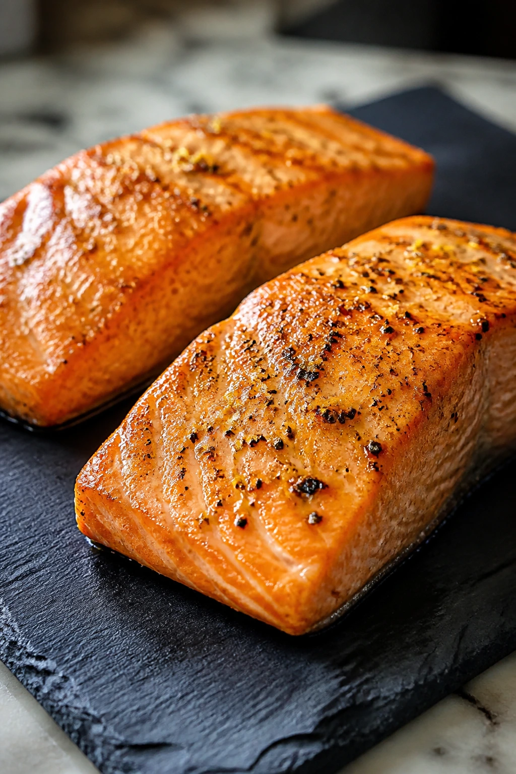 Close-up of lemon pepper salmon fillets on slate plate