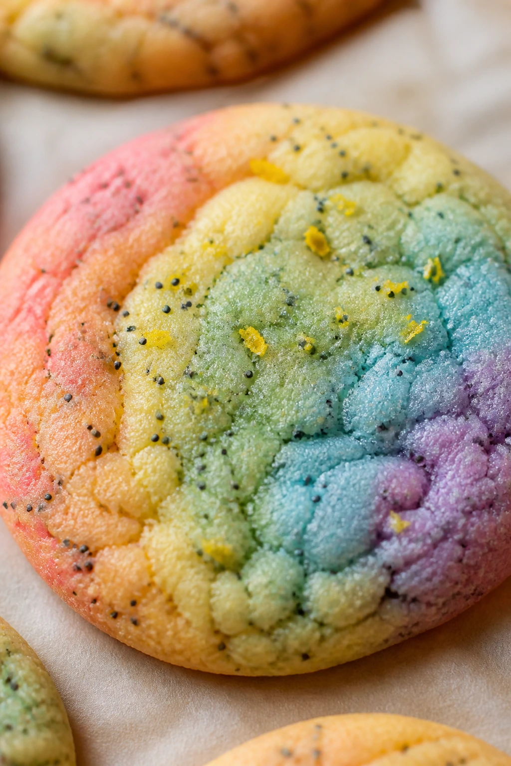 Close-up of a lemon zest and poppy seed rainbow cookie on parchment