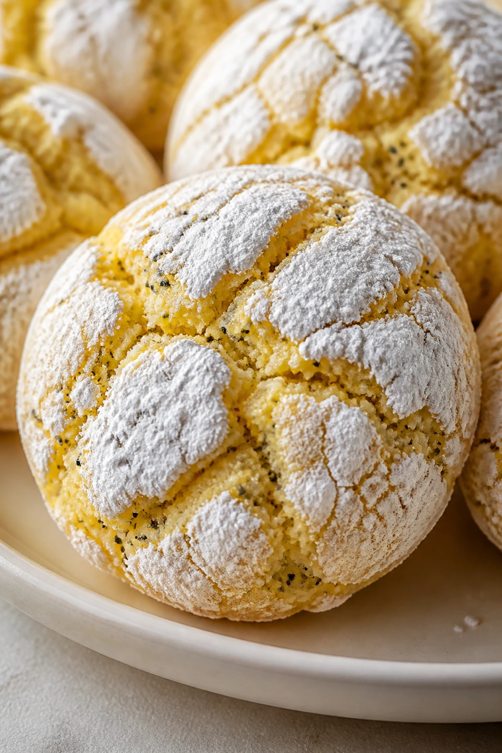 Close-up of a lemon poppy seed crinkle cookie on a plate