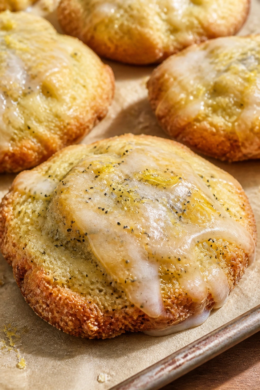 Lemon poppy seed muffin tops with glaze on parchment