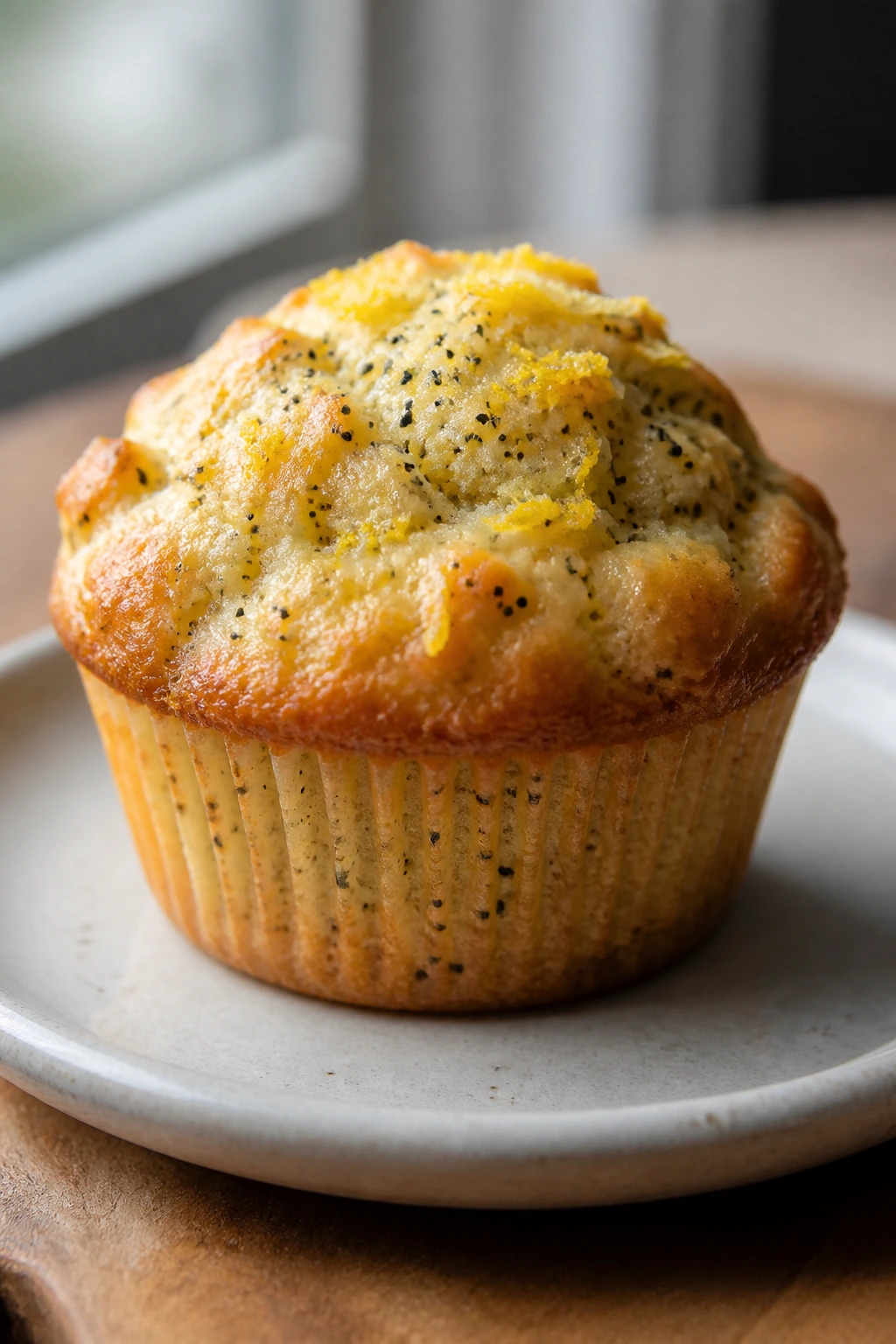 Muffin with lemon zest and poppy seeds on plate in warm kitchen light