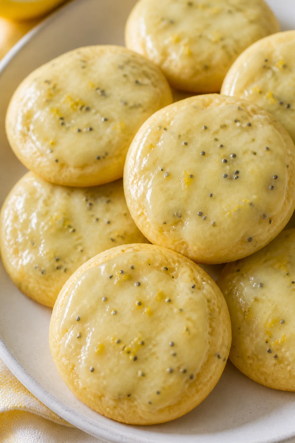 Lemon-glazed cookies with poppy seeds on a plate.
