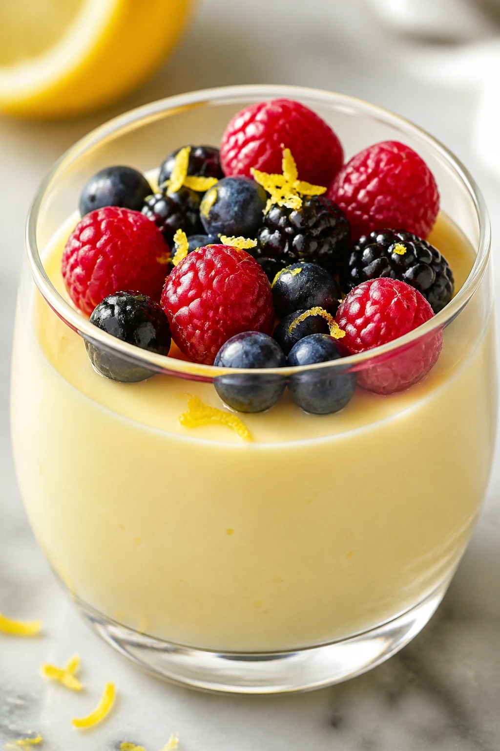 Lemon posset with berries in a glass