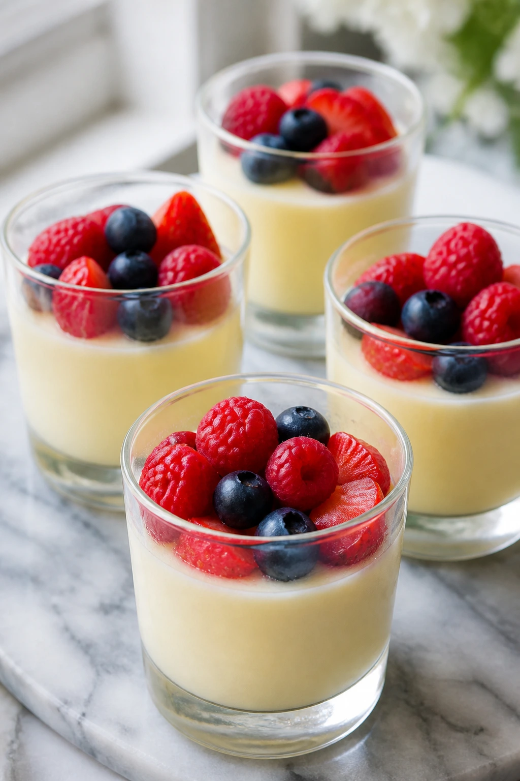 Four glasses of lemon posset with berries on marble surface