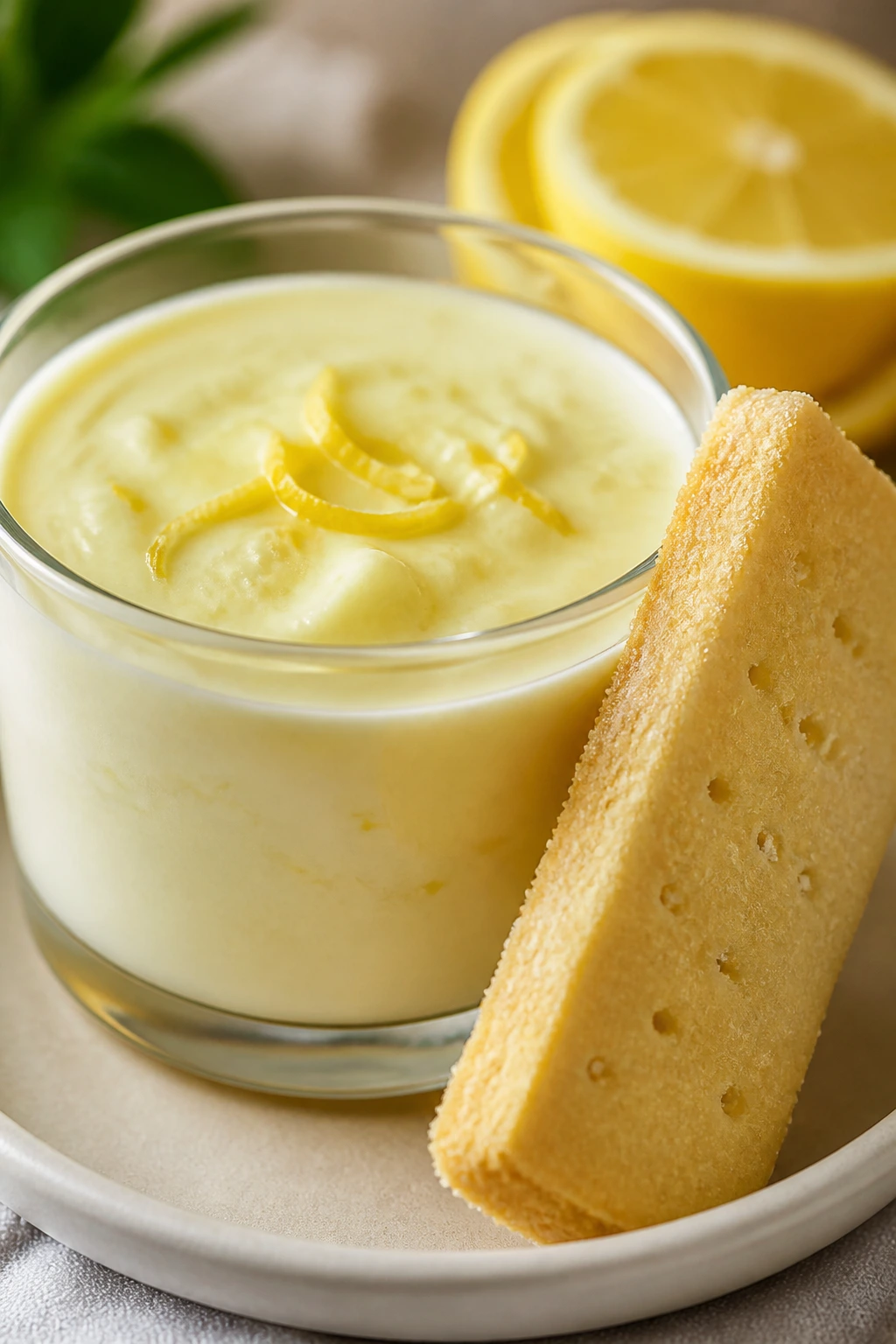 Lemon posset in a glass cup with shortbread on the side